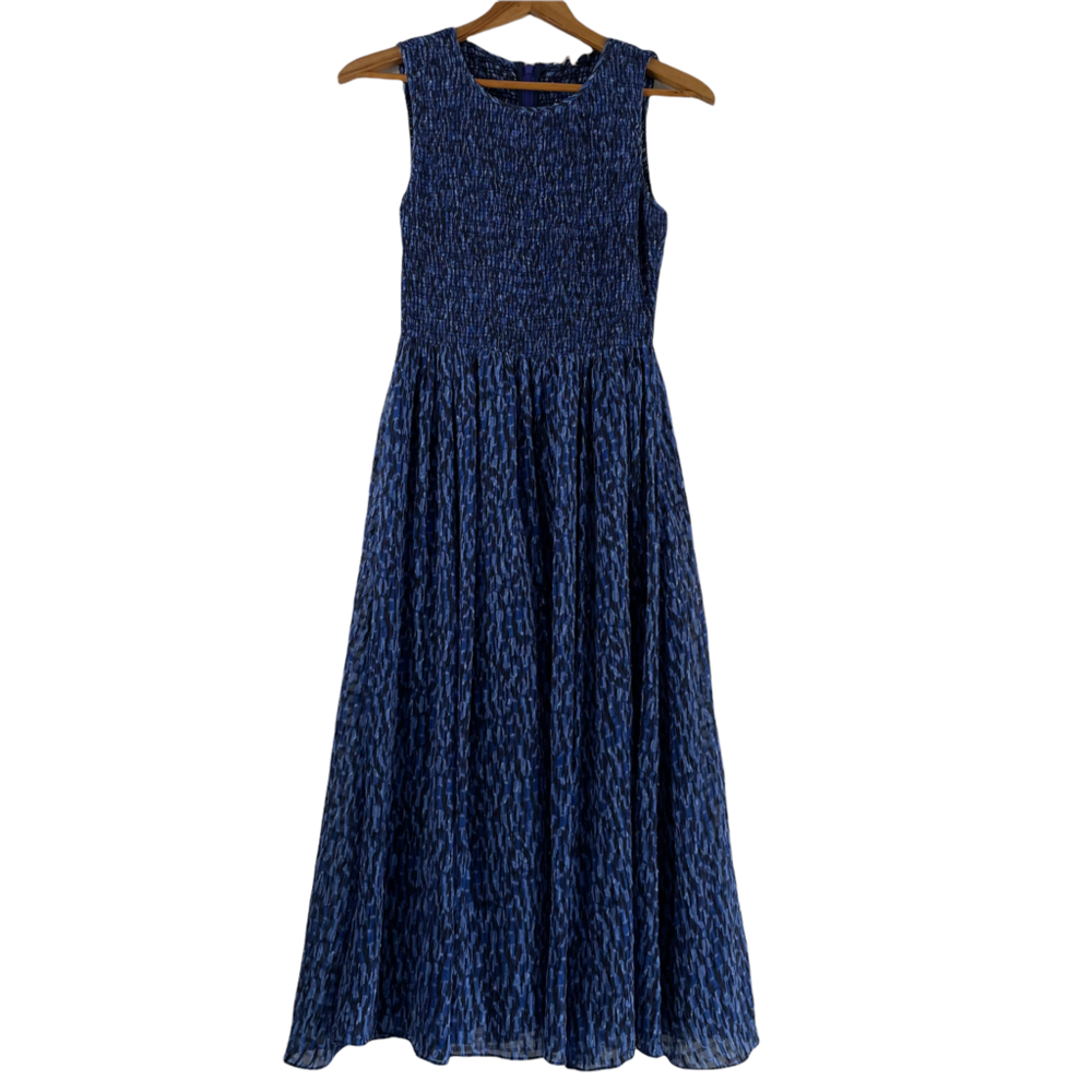 Rebecca Taylor Smocked Silk Blue Midi Dress Size 4